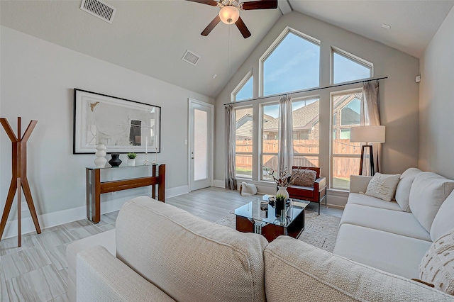 living room with light hardwood / wood-style floors, high vaulted ceiling, and ceiling fan