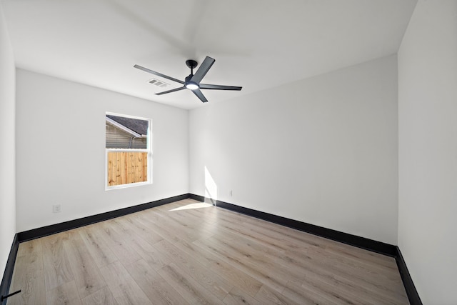 empty room featuring ceiling fan and light hardwood / wood-style flooring