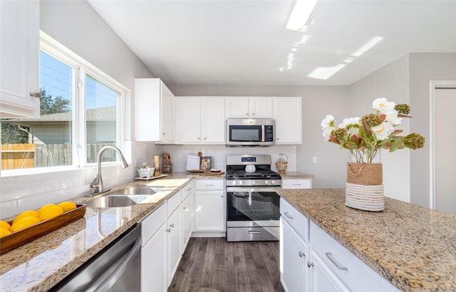 kitchen featuring white cabinets, sink, light stone countertops, dark hardwood / wood-style flooring, and stainless steel appliances