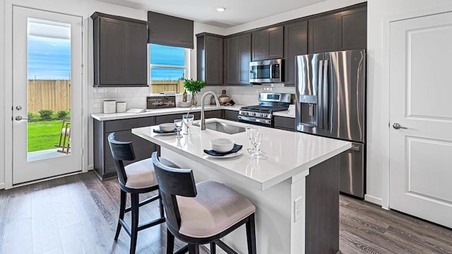 kitchen featuring dark wood-style floors, stainless steel appliances, backsplash, and a sink