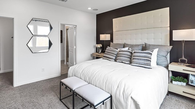 bedroom featuring recessed lighting, carpet flooring, visible vents, and baseboards