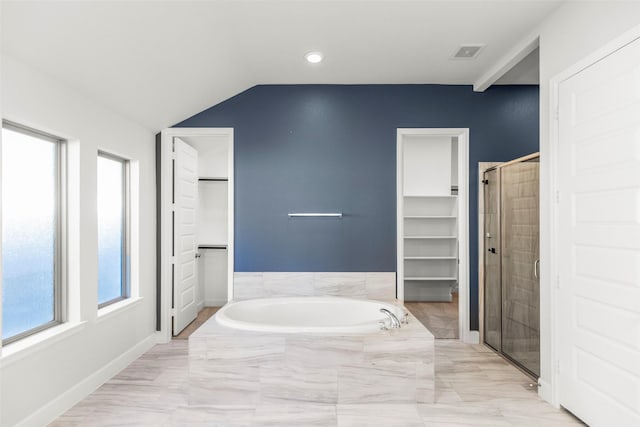 bathroom with plus walk in shower and vaulted ceiling