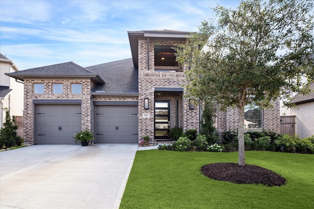 view of front of home with a front lawn and a garage