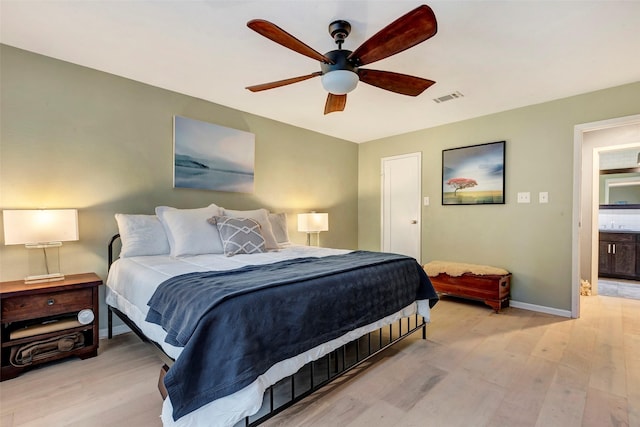 bedroom with light hardwood / wood-style floors and ceiling fan