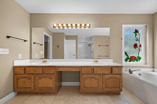 bathroom with tile patterned floors, vanity, and plus walk in shower