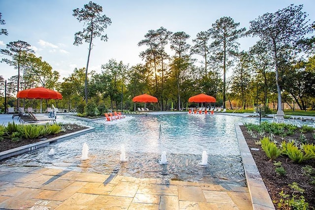 view of swimming pool with a patio area and pool water feature