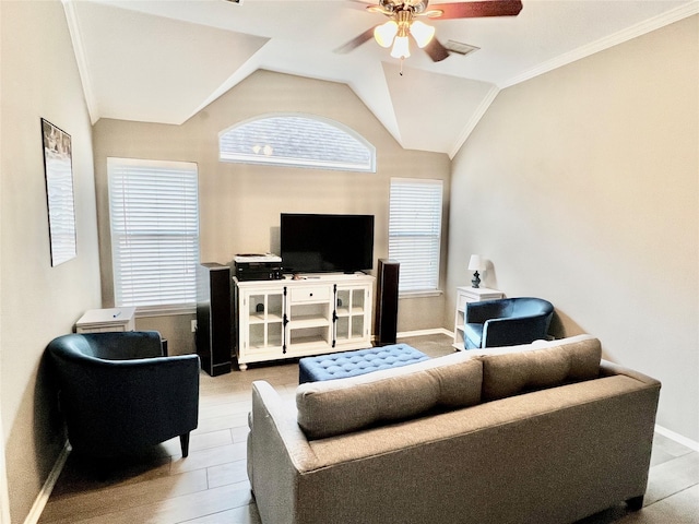 living room with light hardwood / wood-style flooring, vaulted ceiling, ceiling fan, and crown molding