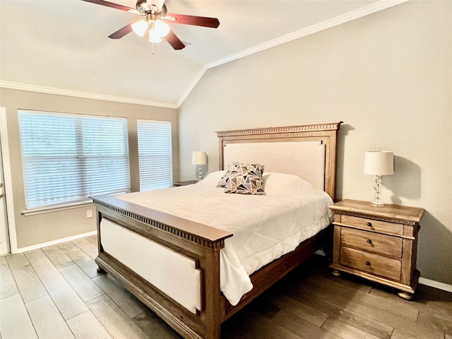 bedroom featuring hardwood / wood-style flooring, ceiling fan, lofted ceiling, and crown molding