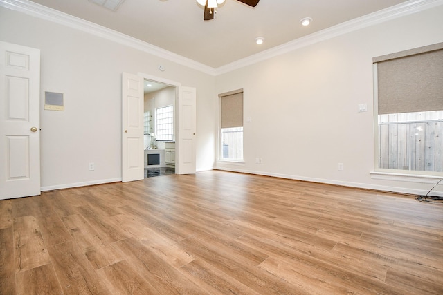 unfurnished living room with ceiling fan, crown molding, and light wood-type flooring