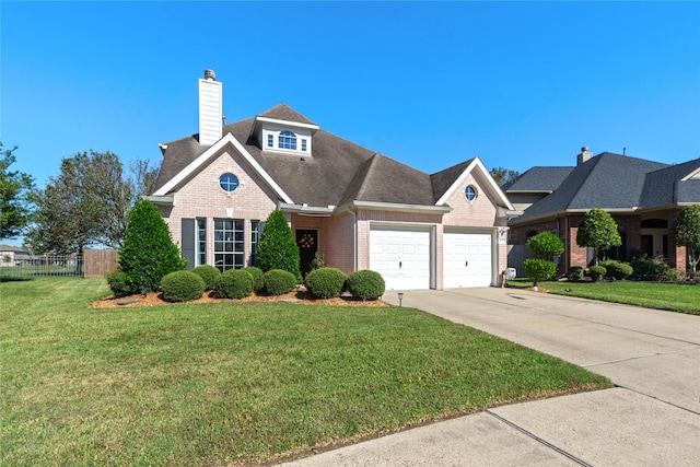 view of front of home with a front yard and a garage