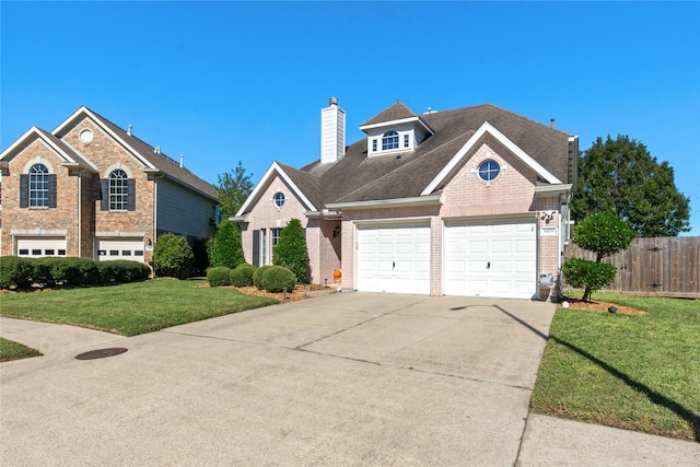 view of front property featuring a garage and a front lawn