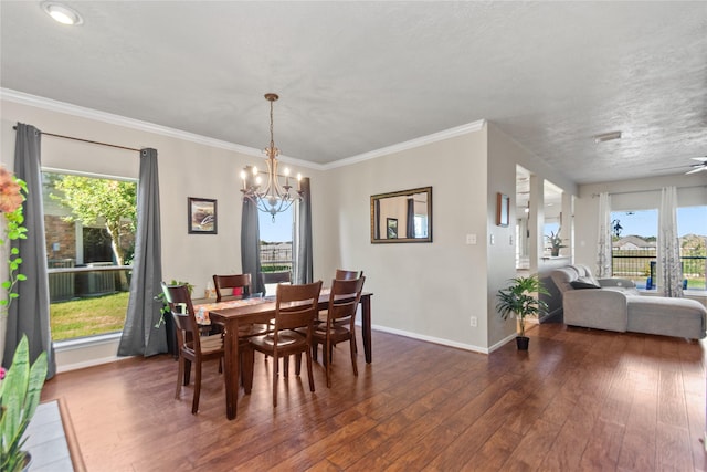 dining area with a wealth of natural light, dark wood-type flooring, and ornamental molding