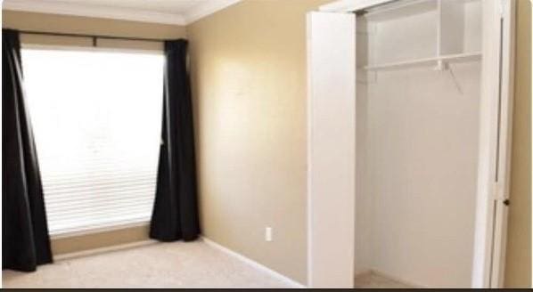 unfurnished bedroom featuring light carpet and a closet