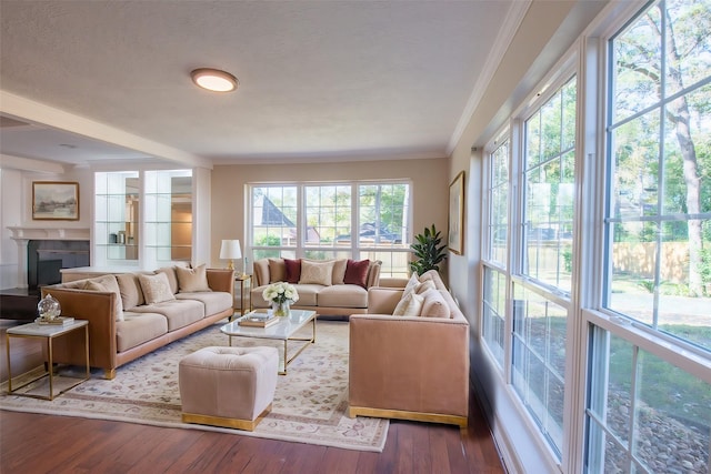 living room with crown molding, plenty of natural light, and hardwood / wood-style flooring