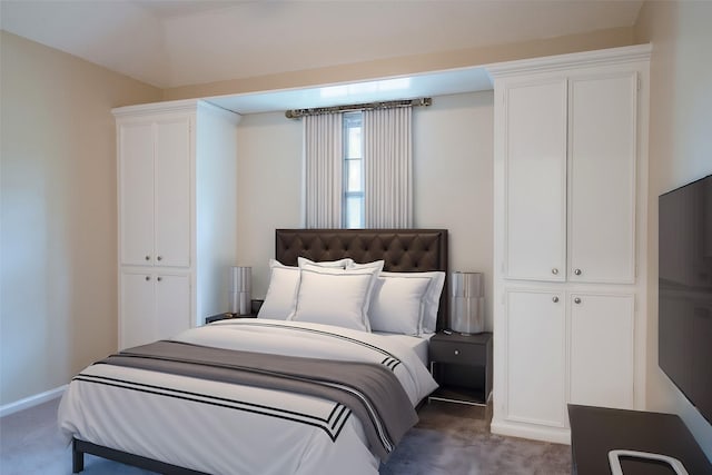 bedroom featuring dark colored carpet and a closet