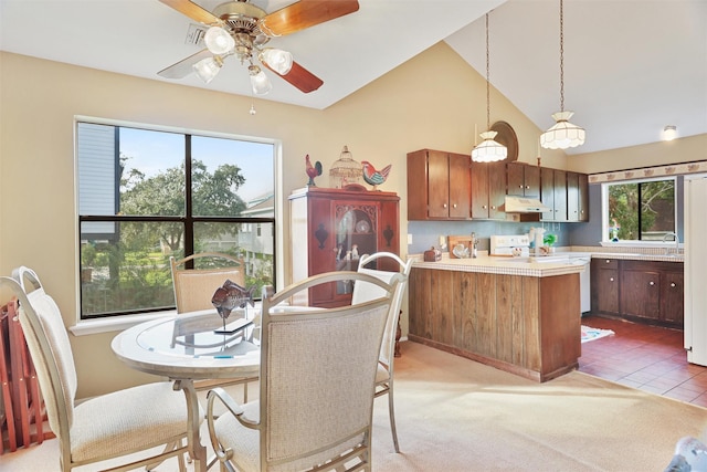 carpeted dining space featuring ceiling fan, lofted ceiling, and sink