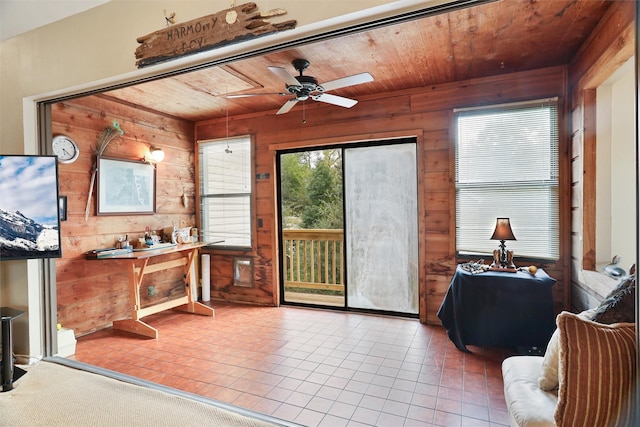 entryway featuring tile patterned flooring, ceiling fan, wood ceiling, and wooden walls