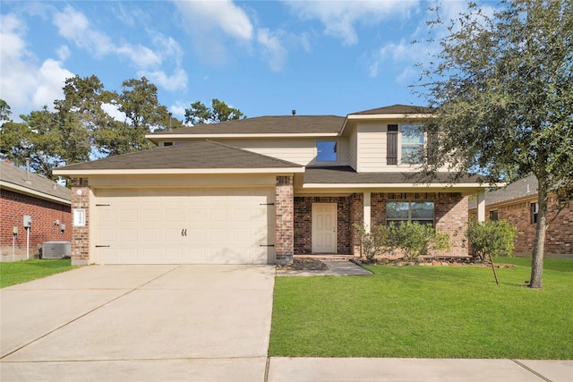 view of front of house with a front lawn, central AC unit, and a garage