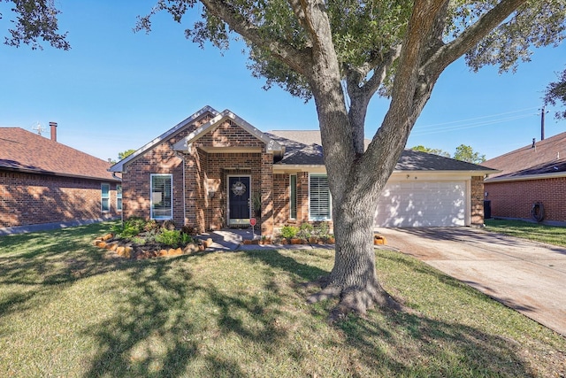 ranch-style house with a garage and a front lawn