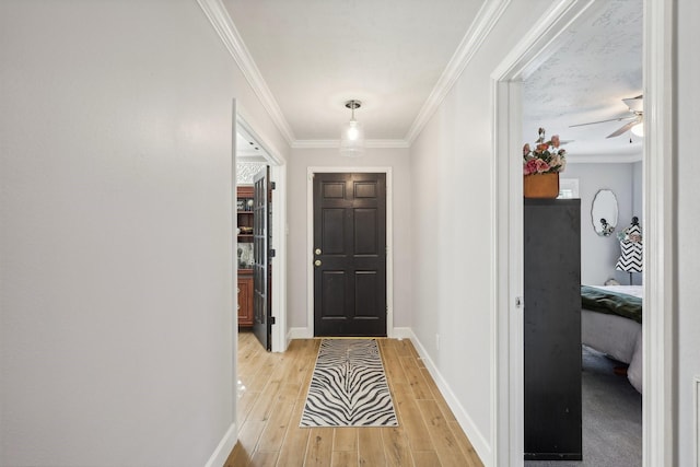 interior space with crown molding, light hardwood / wood-style flooring, and ceiling fan