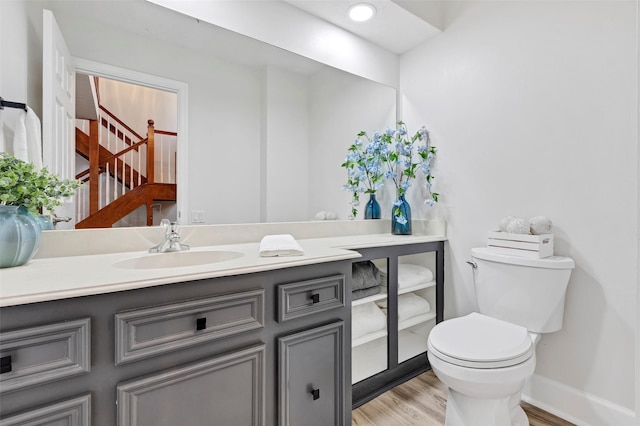 bathroom featuring vanity, wood-type flooring, and toilet