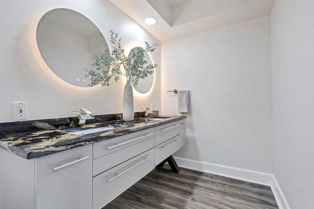 bathroom with vanity and wood-type flooring