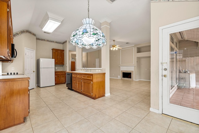 kitchen with vaulted ceiling, ceiling fan, black appliances, light tile patterned floors, and hanging light fixtures