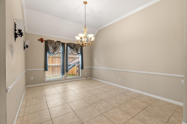 unfurnished dining area with light tile patterned floors, vaulted ceiling, an inviting chandelier, and crown molding