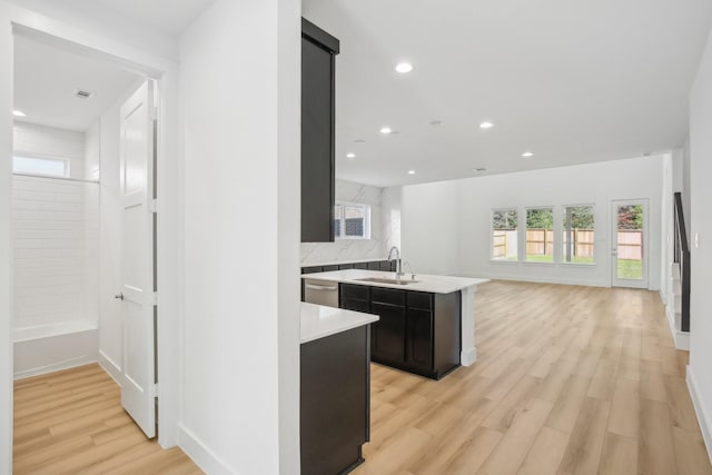 kitchen with backsplash, sink, light hardwood / wood-style floors, and stainless steel dishwasher