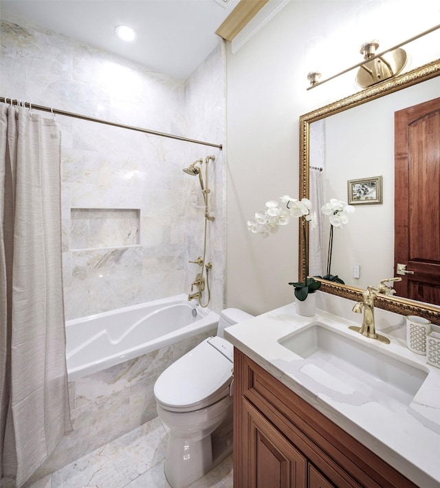 full bathroom featuring shower / tub combo, vanity, and toilet