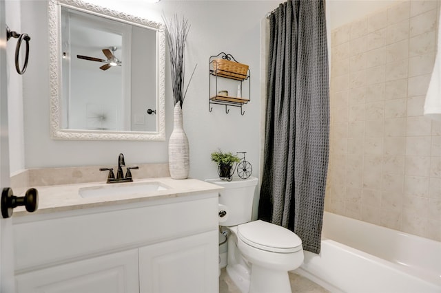 full bathroom with ceiling fan, shower / tub combo with curtain, vanity, and toilet