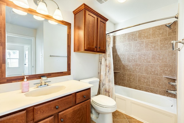 full bathroom featuring shower / bathtub combination with curtain, tile patterned flooring, vanity, and toilet