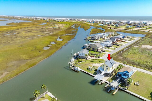 bird's eye view with a water view