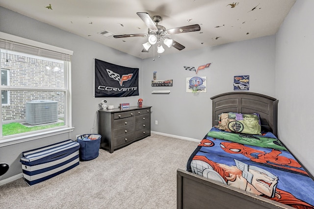 bedroom featuring ceiling fan and light colored carpet