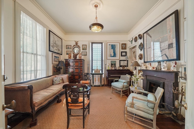 1107 Church St, Galveston, TX 77550 - sitting room with a glass covered fireplace, ornamental molding, and healthy amount of natural light