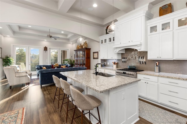 kitchen featuring white cabinets, sink, and a tray ceiling