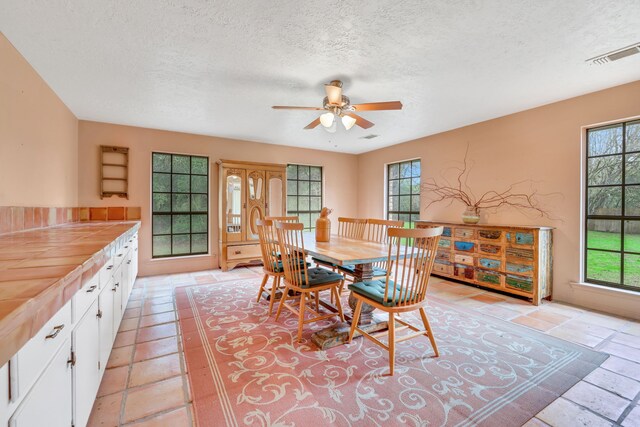 dining area with a wealth of natural light, a textured ceiling, ceiling fan, and light tile patterned floors