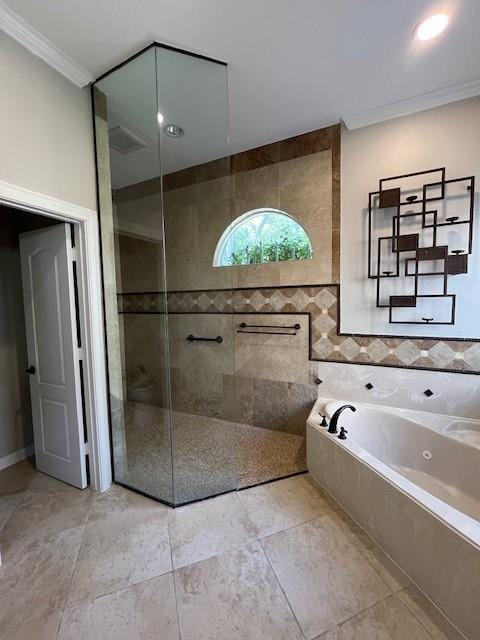 bathroom with tile patterned floors, crown molding, and plus walk in shower