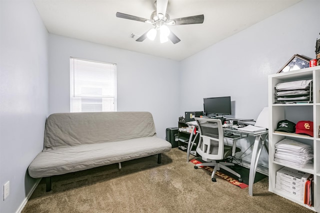 office area featuring ceiling fan and carpet