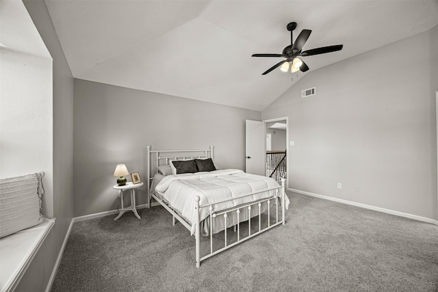 bedroom featuring carpet flooring, ceiling fan, and lofted ceiling