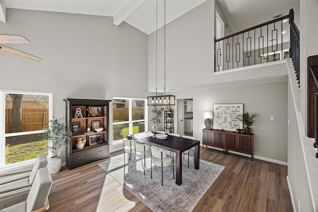 home office with a wealth of natural light, high vaulted ceiling, and wood-type flooring