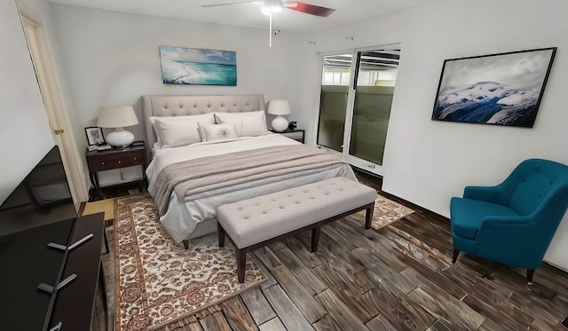 bedroom featuring ceiling fan and dark wood-type flooring