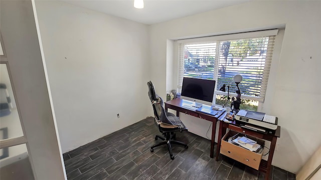 office area featuring dark wood-type flooring