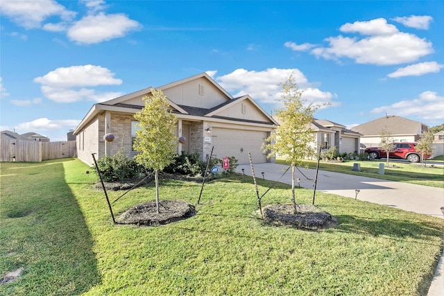 single story home featuring a front yard and a garage