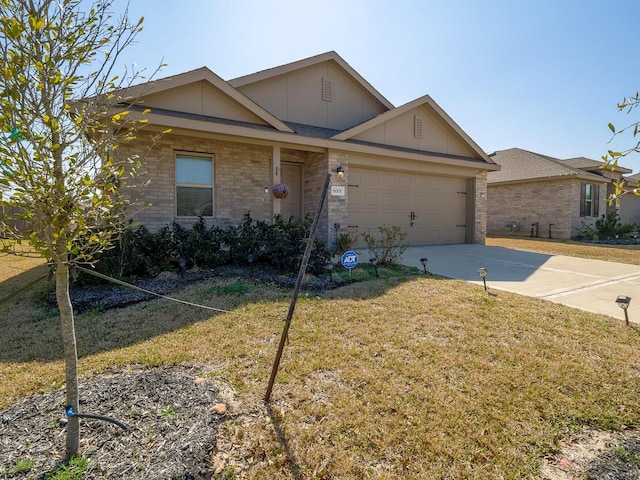 ranch-style house featuring brick siding, concrete driveway, a garage, and a front yard