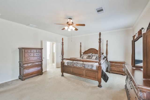 carpeted bedroom with crown molding and ceiling fan