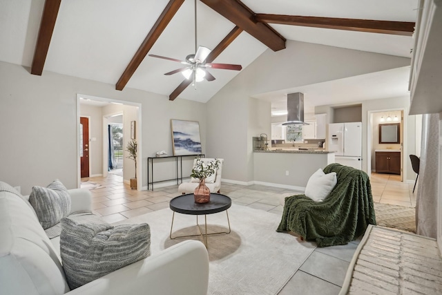 living room with beam ceiling, ceiling fan, light tile patterned floors, and high vaulted ceiling