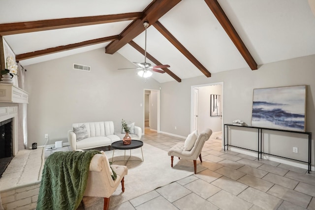 living room with ceiling fan, beam ceiling, light tile patterned floors, and high vaulted ceiling