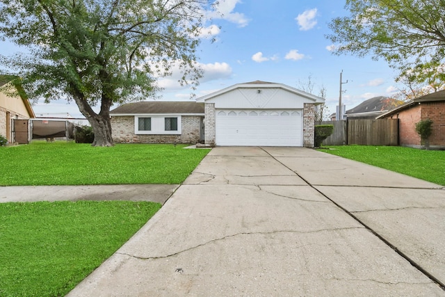 ranch-style home with a front lawn and a garage