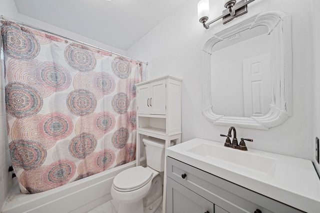 full bathroom with vanity, shower / bathtub combination with curtain, and toilet